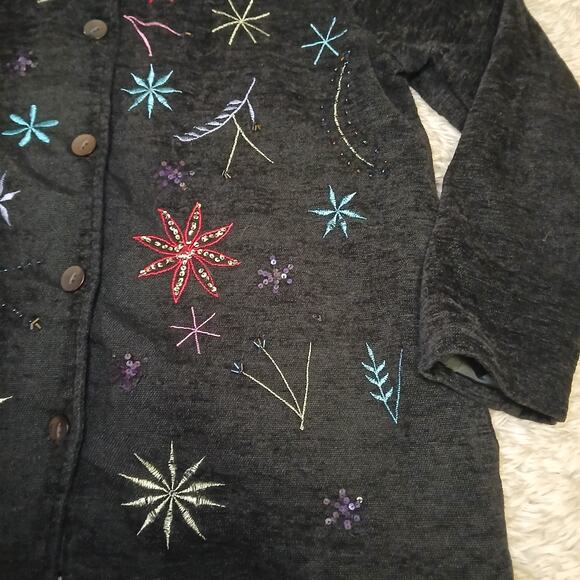 White Stag L 12/14 Black Button Front Jacket Embroidered Beaded Starburst Floral - Picture 3 of 9